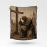 Knight Kneeling At Cross With Sword Before Battle Templar Woven Blanket