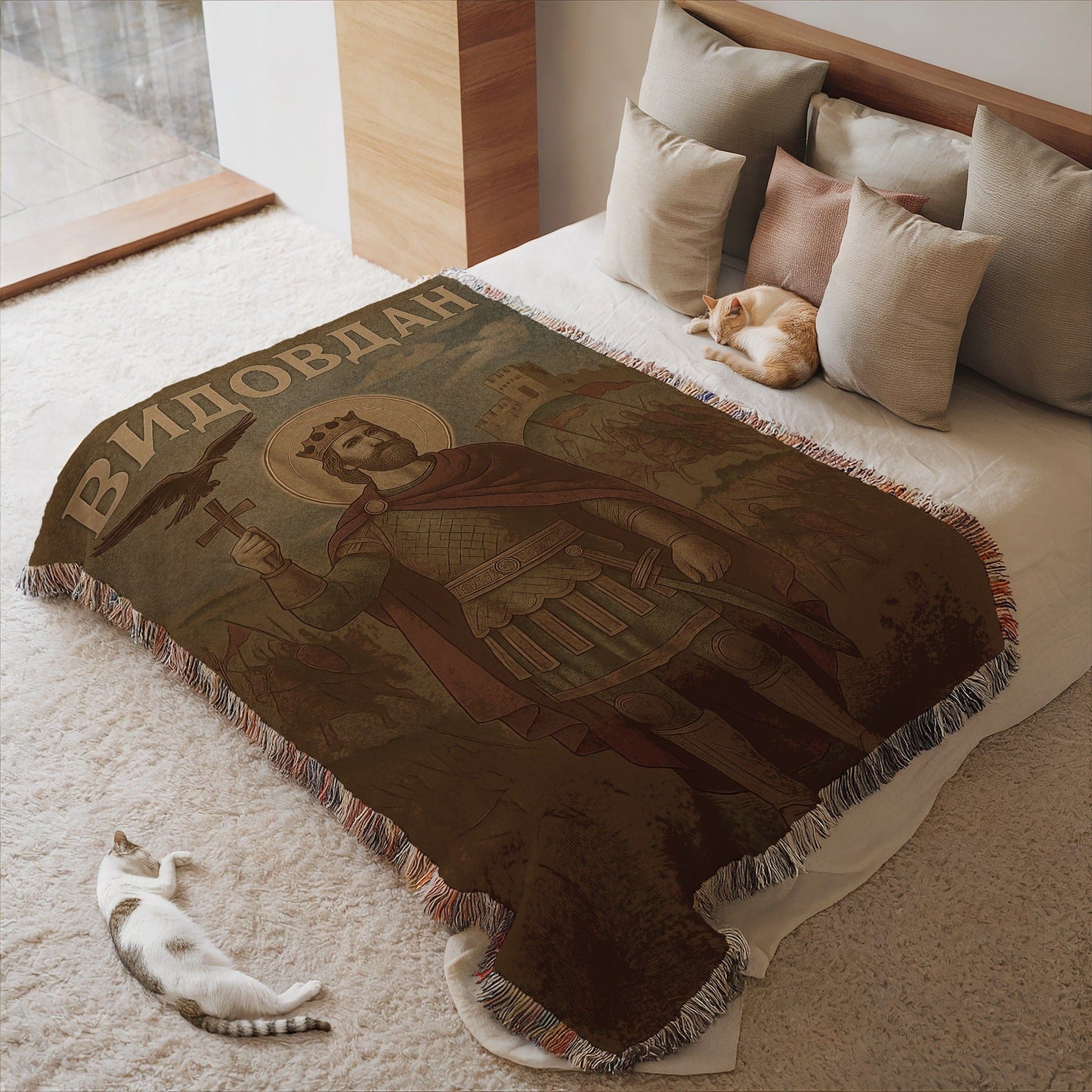 Saint Depiction Blanket with Cats on Bed