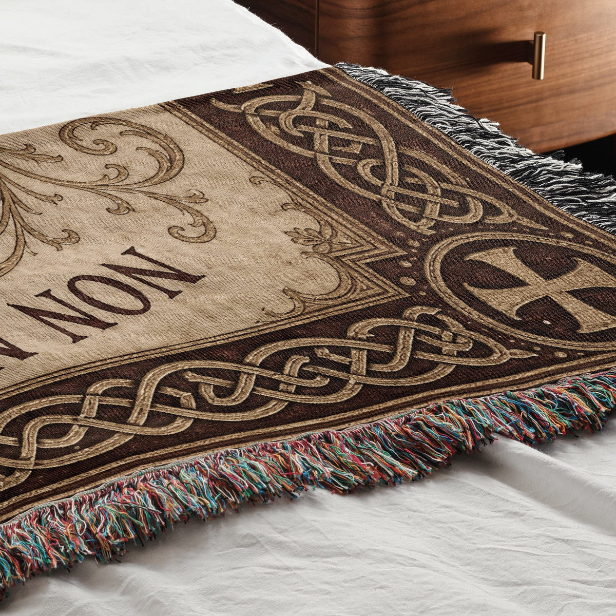 MyDesigns Medieval Tapestry Woven Throw – Non Nobis Domine Sed Nomini Tuo Blanket, Ivory Parchment jacquard woven blanket