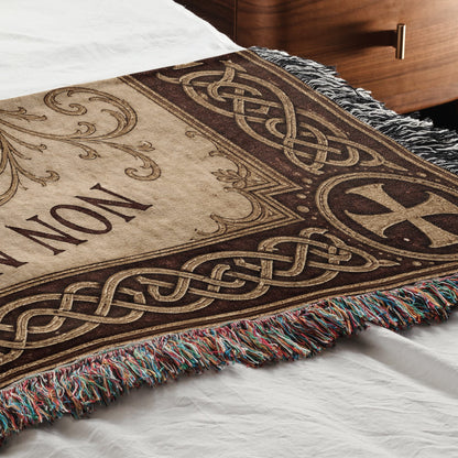 MyDesigns Medieval Tapestry Woven Throw – Non Nobis Domine Sed Nomini Tuo Blanket, Ivory Parchment jacquard woven blanket