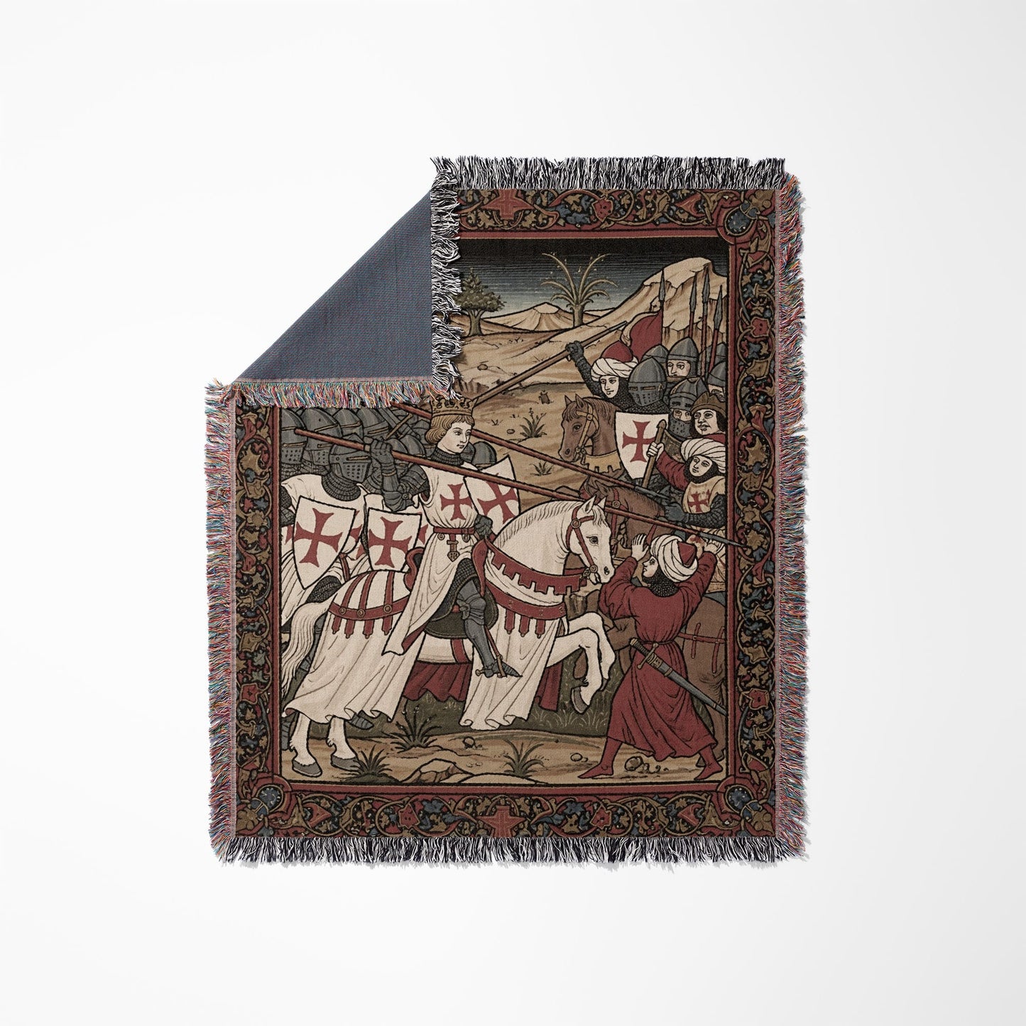 Tapestry depicting medieval knights on horseback in battle.