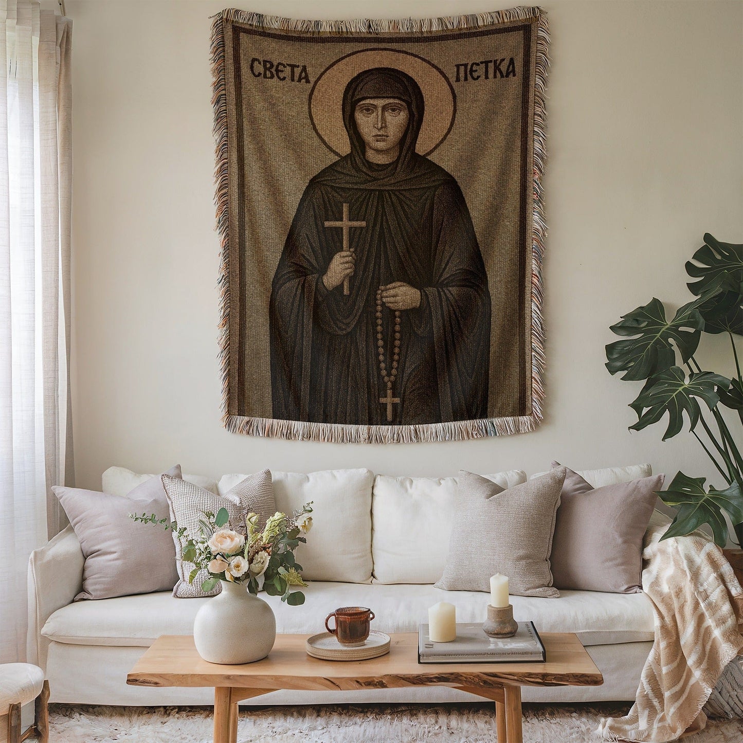 Decorative tapestry with religious figure design