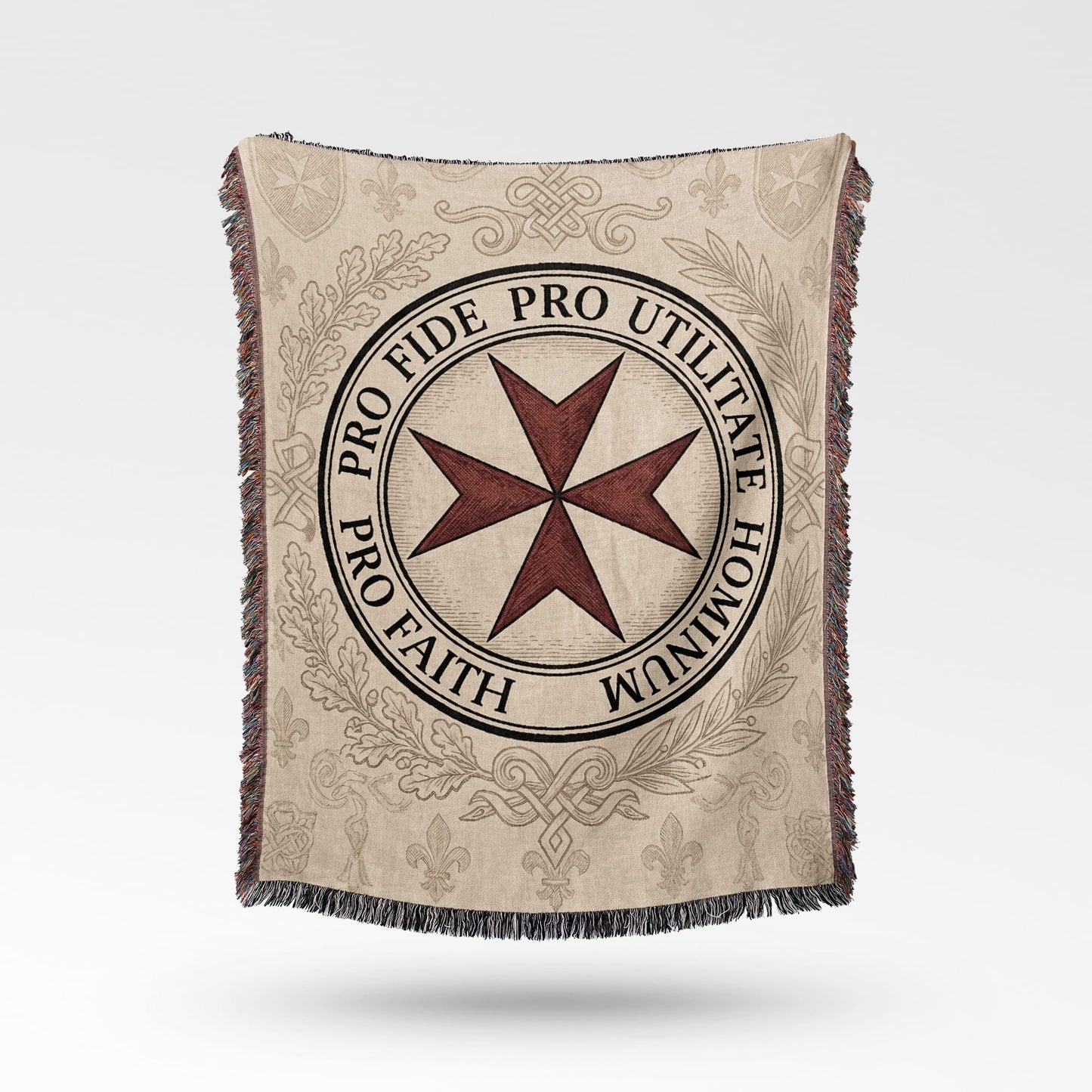 Knights Templar cross on woven blanket with fringed edges.