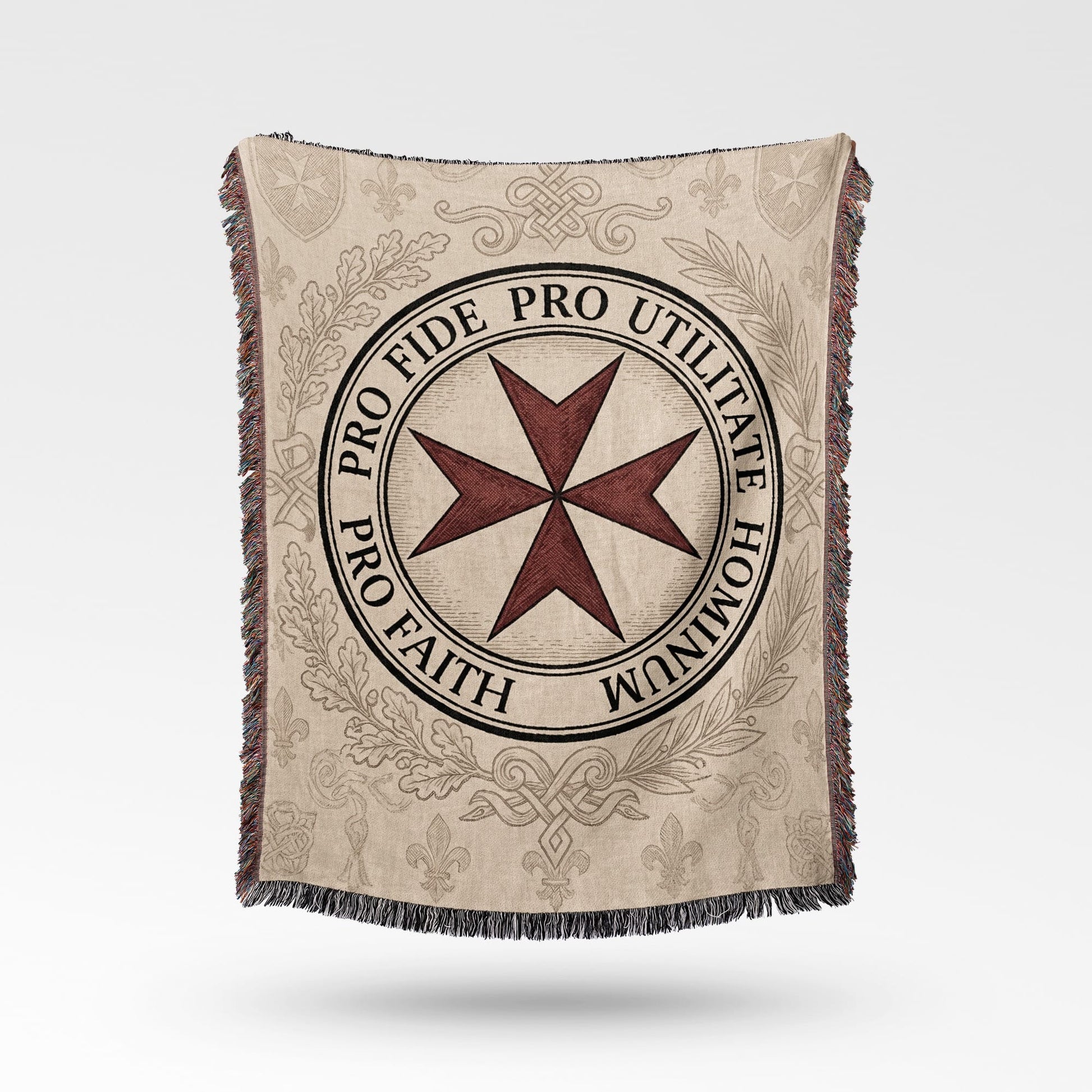 Knights Templar cross on woven blanket with fringed edges.