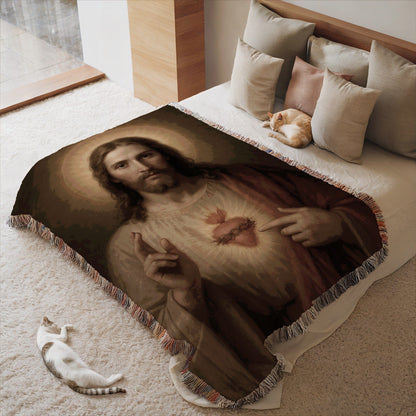 Sacred Heart of Jesus Fringe Throw Blanket