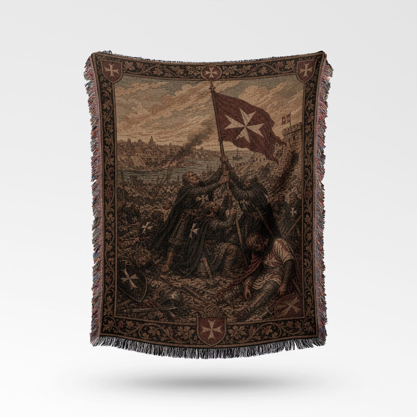 Tapestry featuring Knights Templar flag and battle scene.