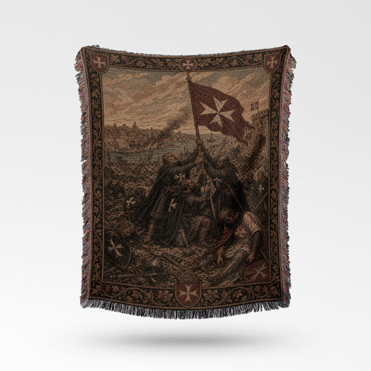 Tapestry featuring Knights Templar flag and battle scene.