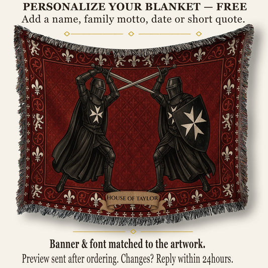 CalmNestStyle Black Knights Sword Duel on Red Damask Woven Blanket jacquard woven blanket
