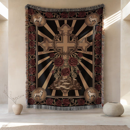 Ornate Tapestry with Cross and Roses Design