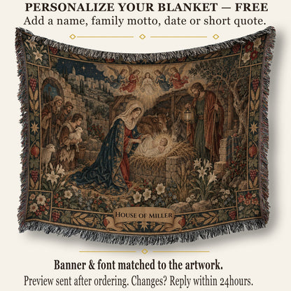 A woven tapestry blanket featuring a traditional Nativity scene with a banner reading House of Miller.