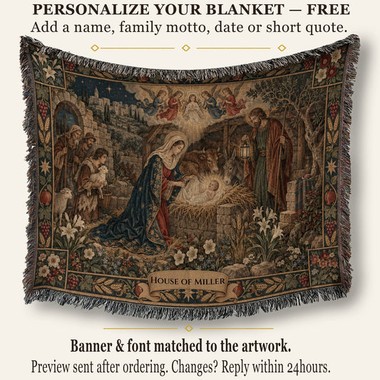 A woven tapestry blanket featuring a traditional Nativity scene with a banner reading House of Miller.