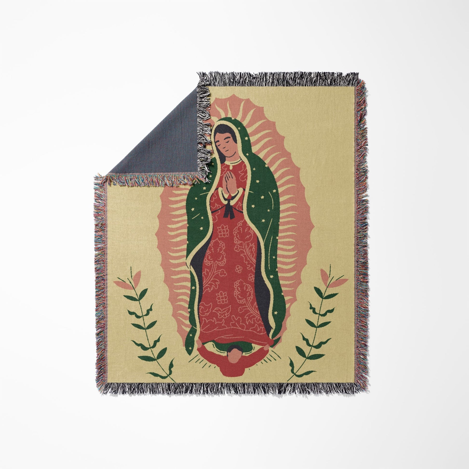 Woven blanket featuring Our Lady of Guadalupe with floral accents.