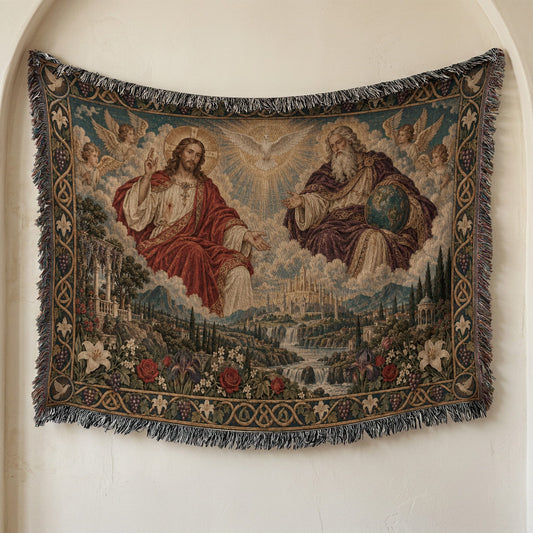 Woven throw blanket hanging on a wall, depicting a religious scene with Jesus, God, and a dove.
