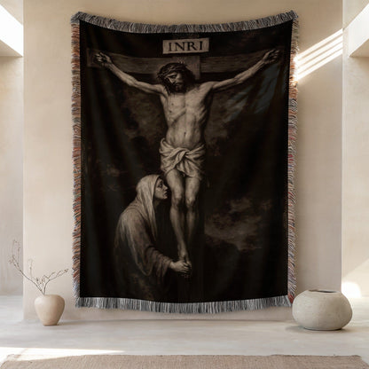 Jesus on the Cross with Mary Religious Wall Tapestry