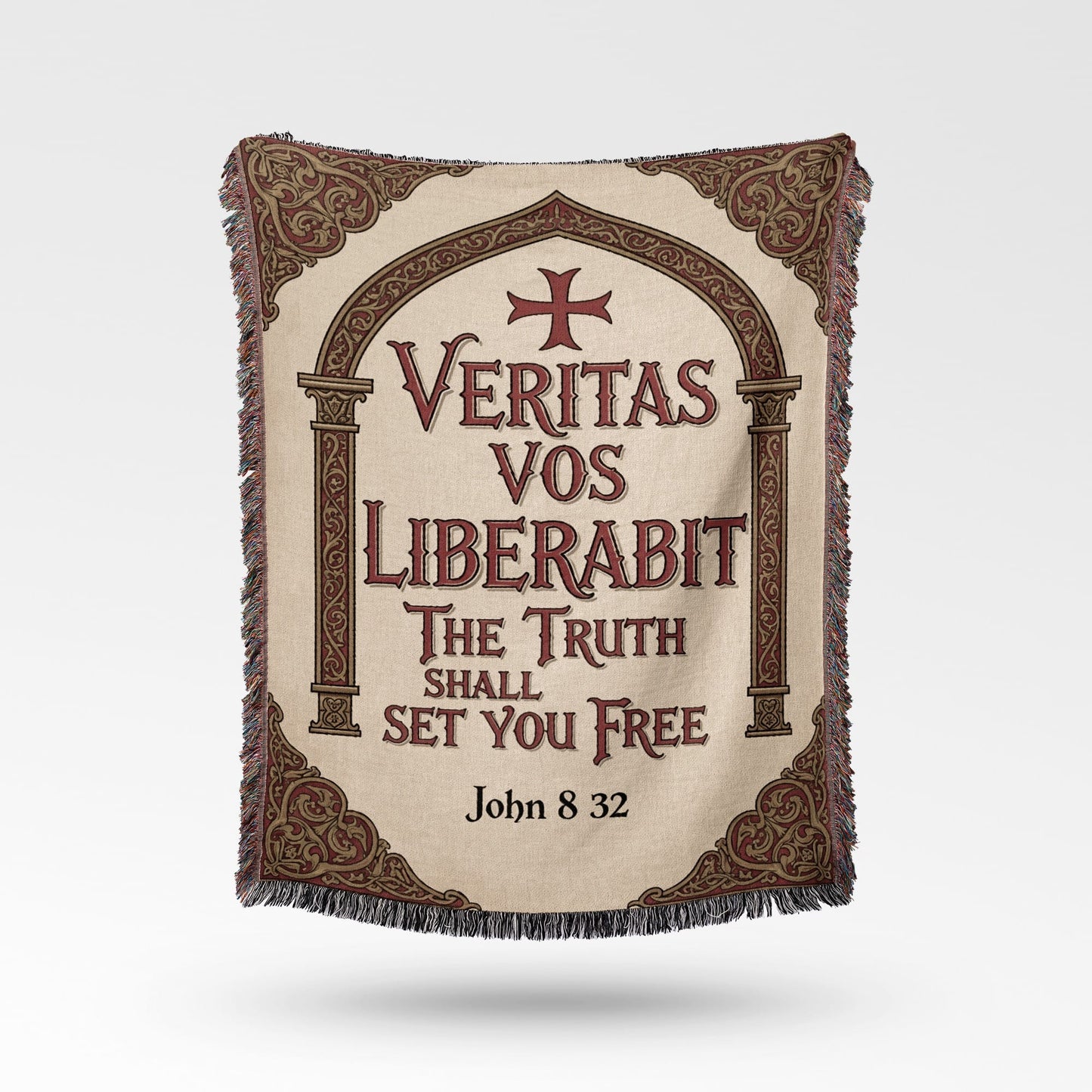 Woven tapestry featuring "Veritas Vos Liberabit The Truth Shall Set You Free John 8:32".