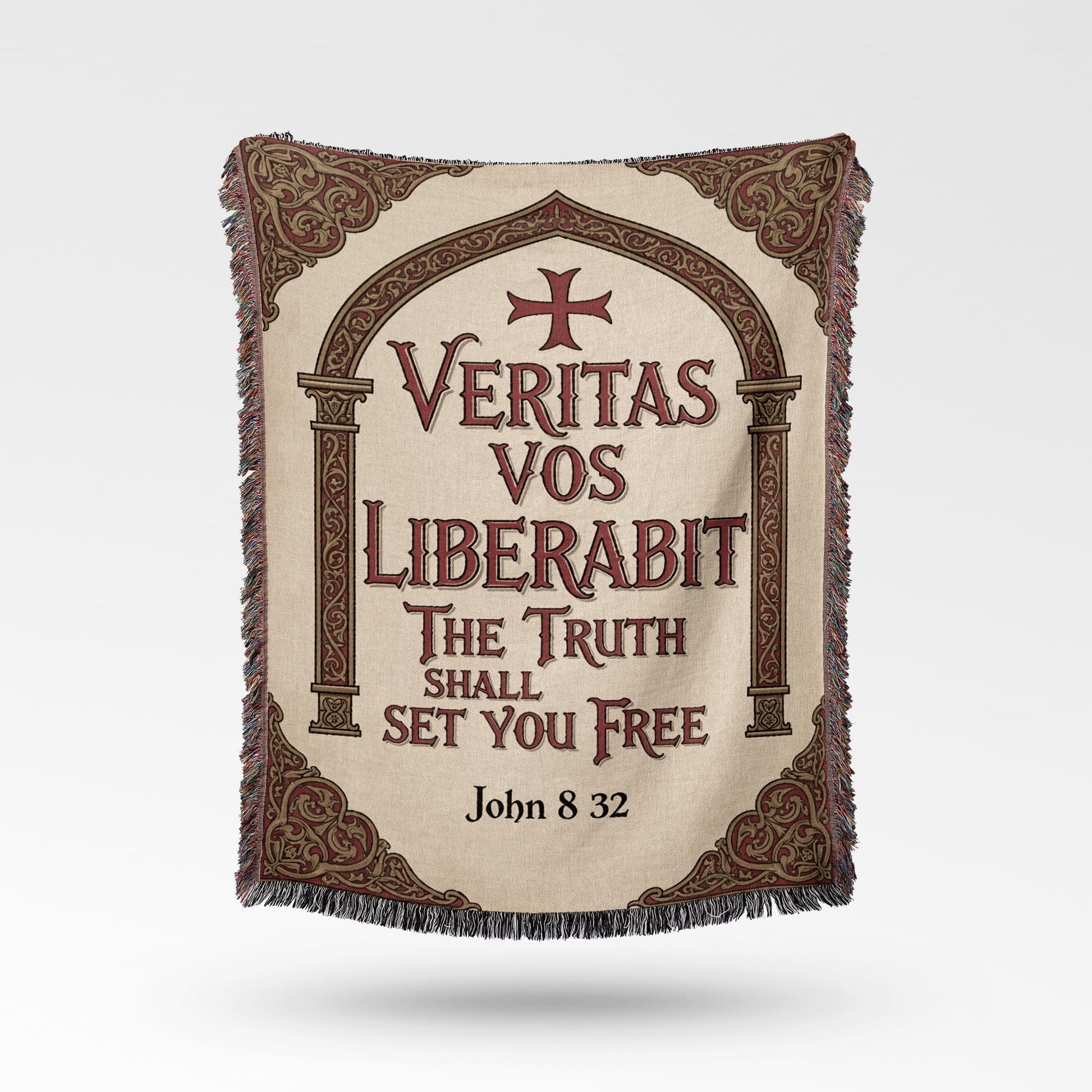 Woven tapestry featuring "Veritas Vos Liberabit The Truth Shall Set You Free John 8:32".