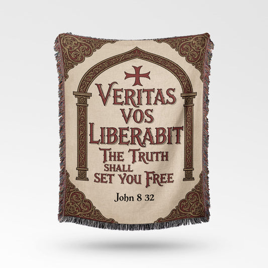 Woven tapestry featuring "Veritas Vos Liberabit The Truth Shall Set You Free John 8:32".
