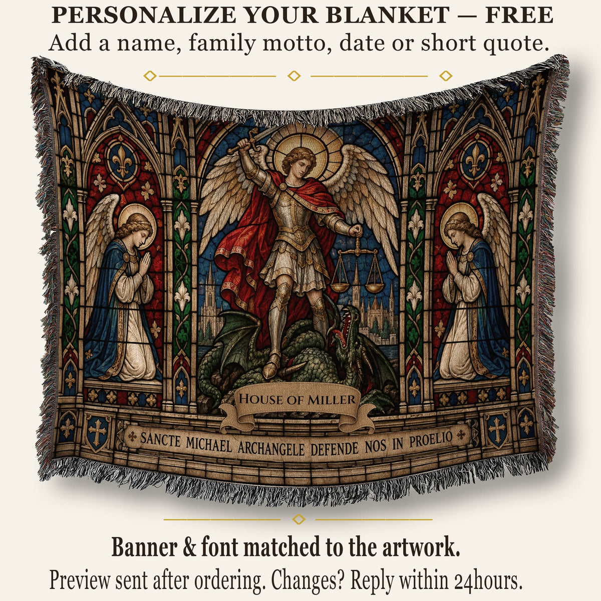 CalmNestStyle Saint Michael Stained Glass Prayer jacquard woven blanket