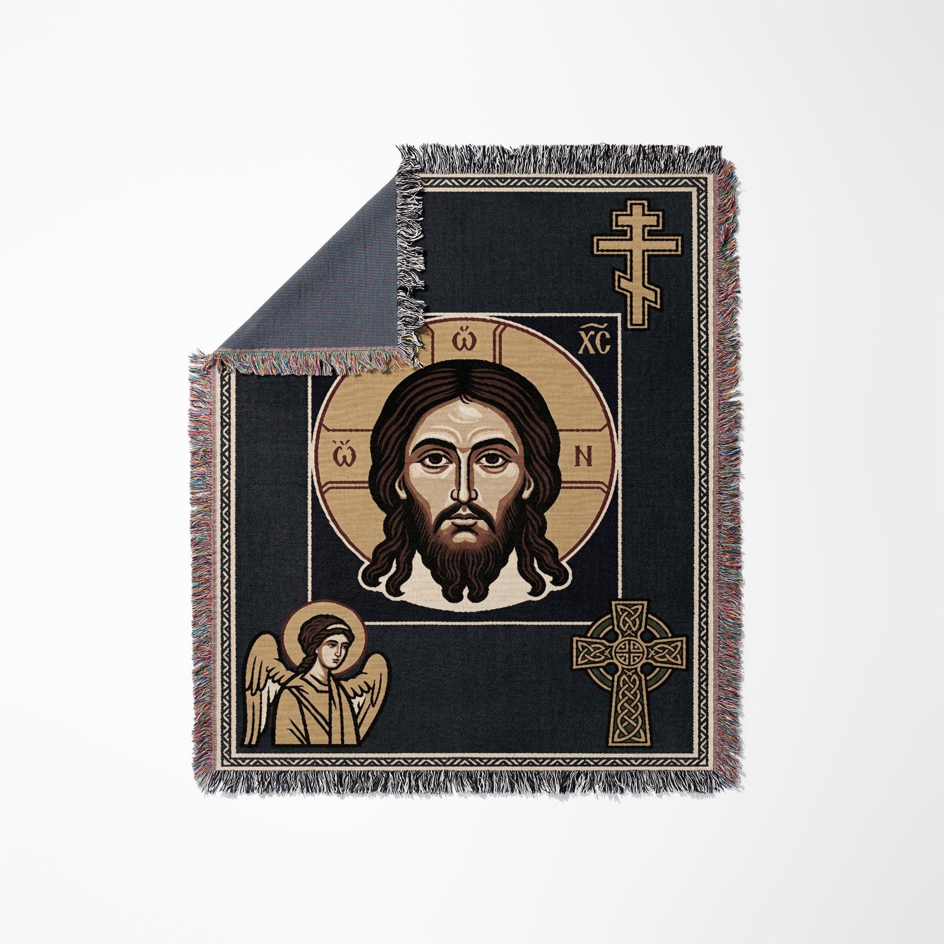 Tapestry blanket with Jesus' face and an angel, featuring Celtic knot crosses.