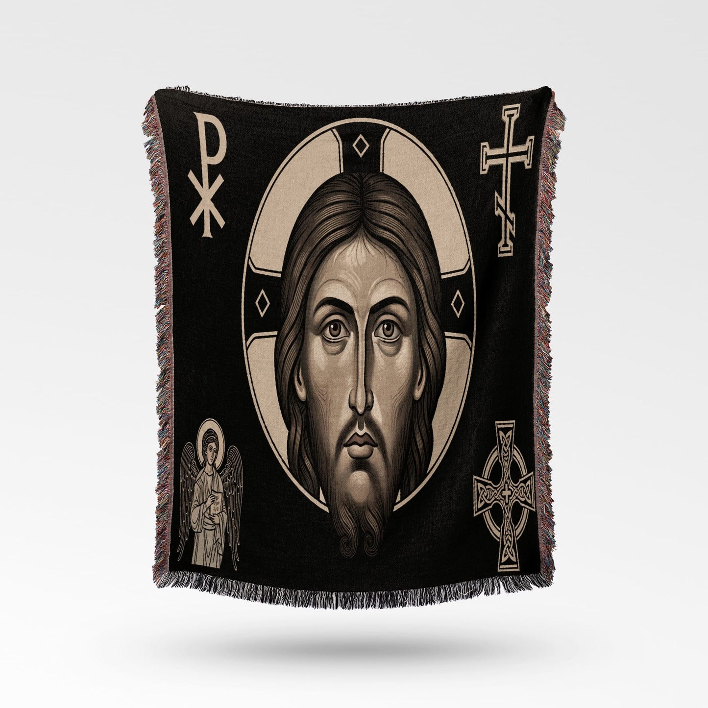 Tapestry with Jesus' face, angels, and Christian symbols.
