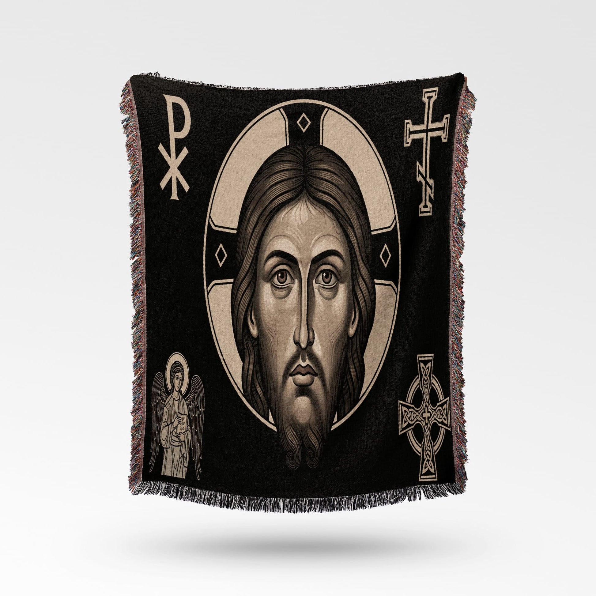 Tapestry with Jesus' face, angels, and Christian symbols.