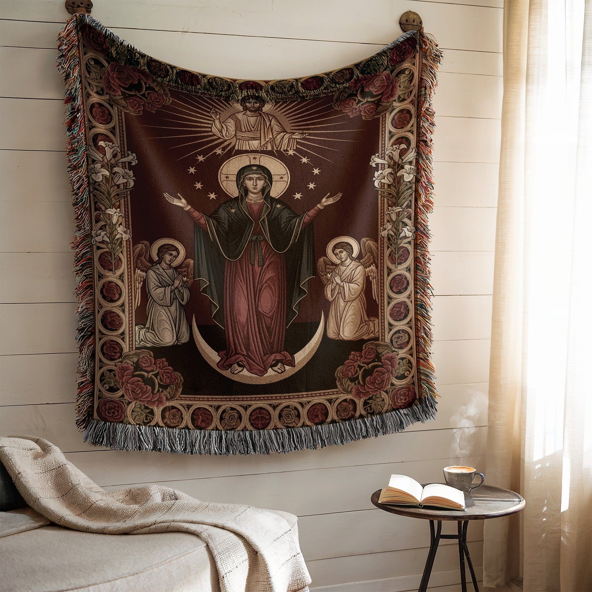 Elegant Religious Tapestry with Sacred Imagery Blanket