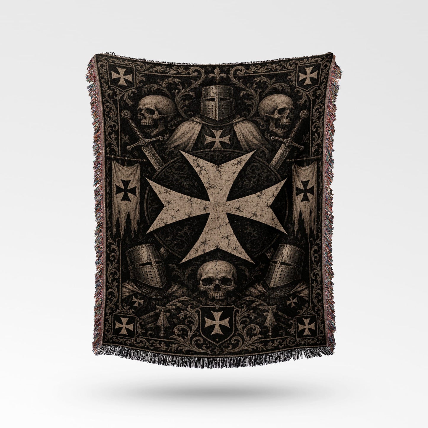 Templar cross with helmets, swords, and skulls on a dark woven blanket.