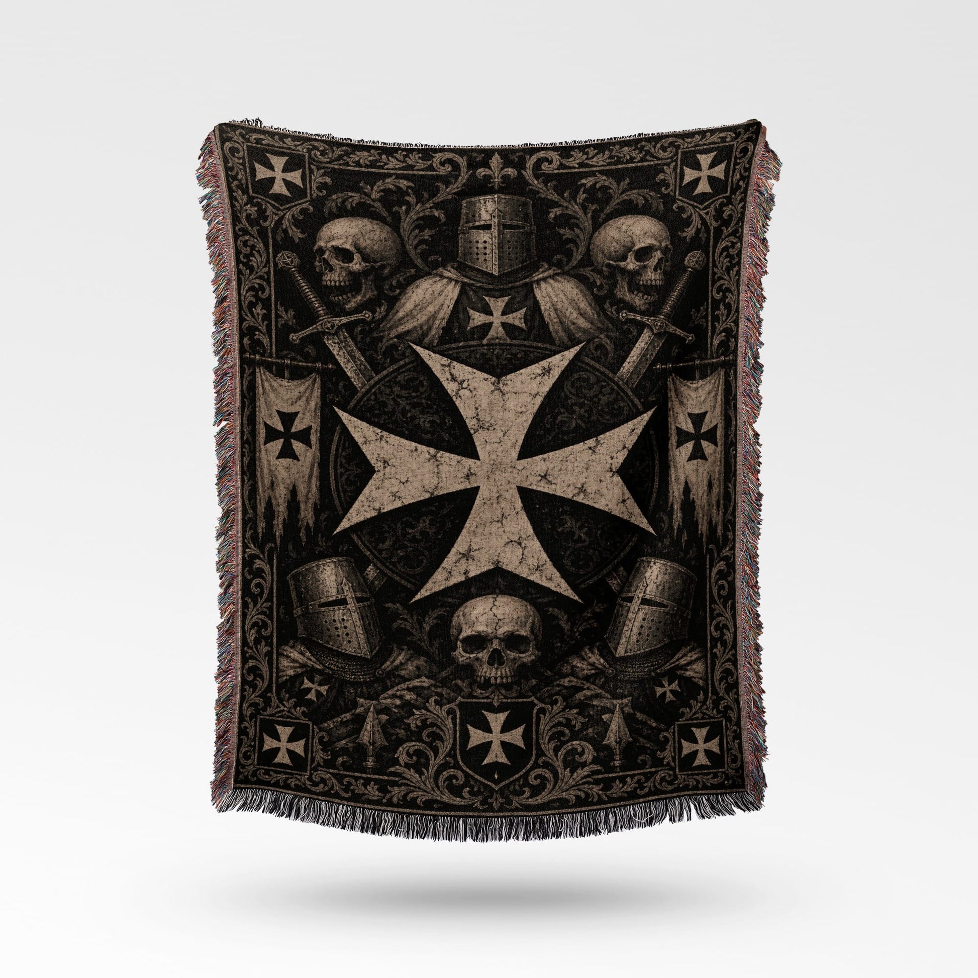 Templar cross with helmets, swords, and skulls on a dark woven blanket.