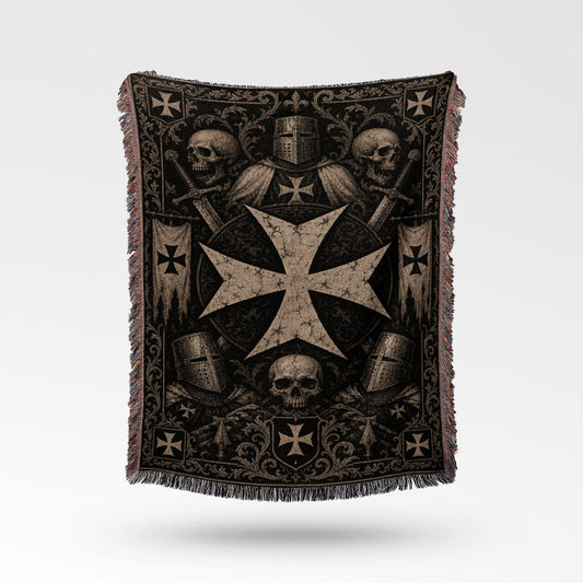 Templar cross with helmets, swords, and skulls on a dark woven blanket.