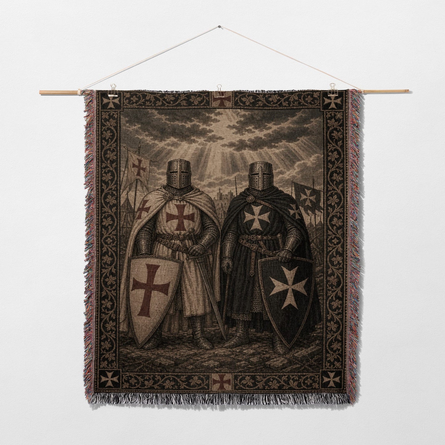 Two knights in armor with Templar crosses stand side-by-side.
