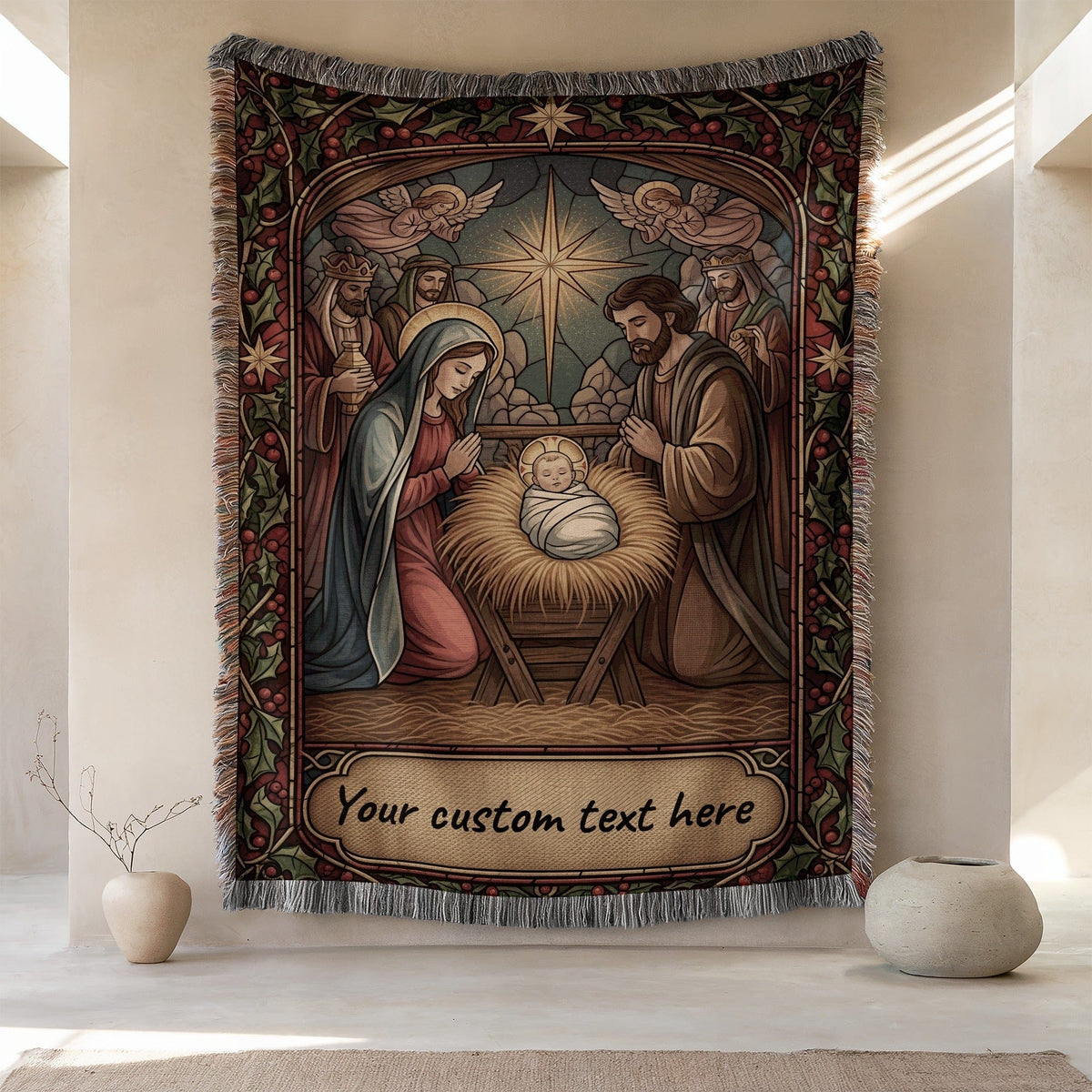 CalmNestStyle Nativity Scene with Angels Stained Glass Look custom woven blanket jacquard woven blanket