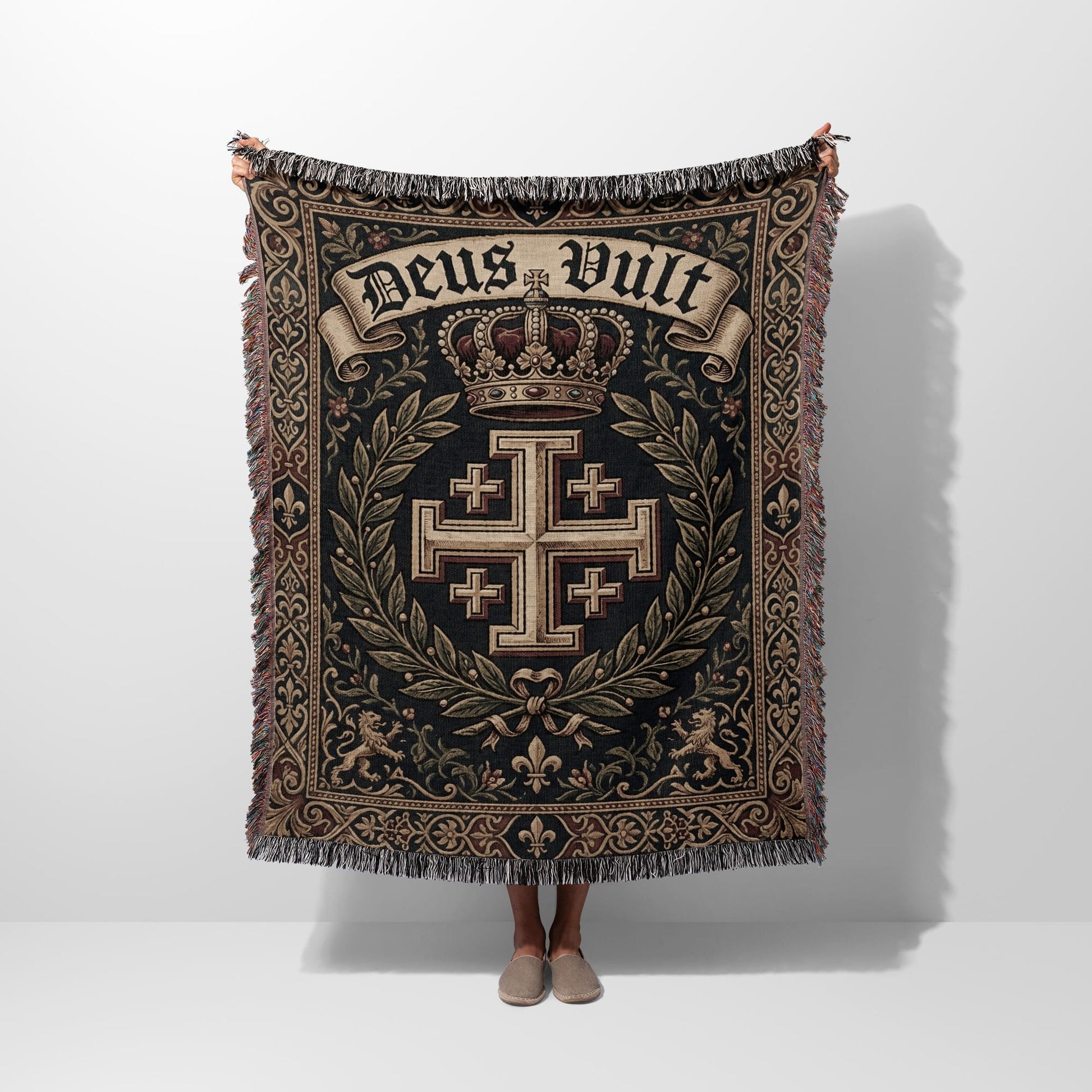 Tapestry throw with "Deus Vult" text, crown, and Jerusalem cross design.