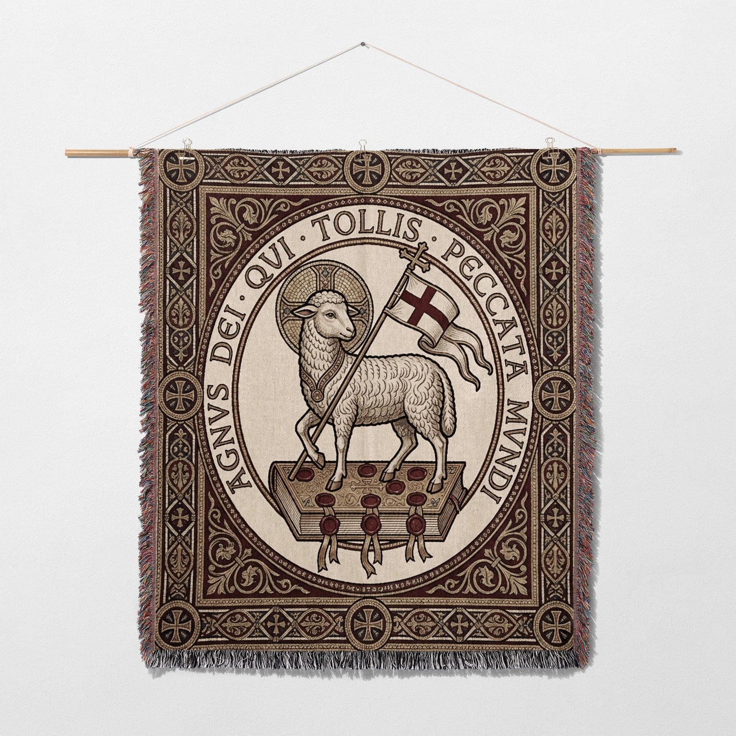 Lamb of God tapestry with Latin text and fringe detail.