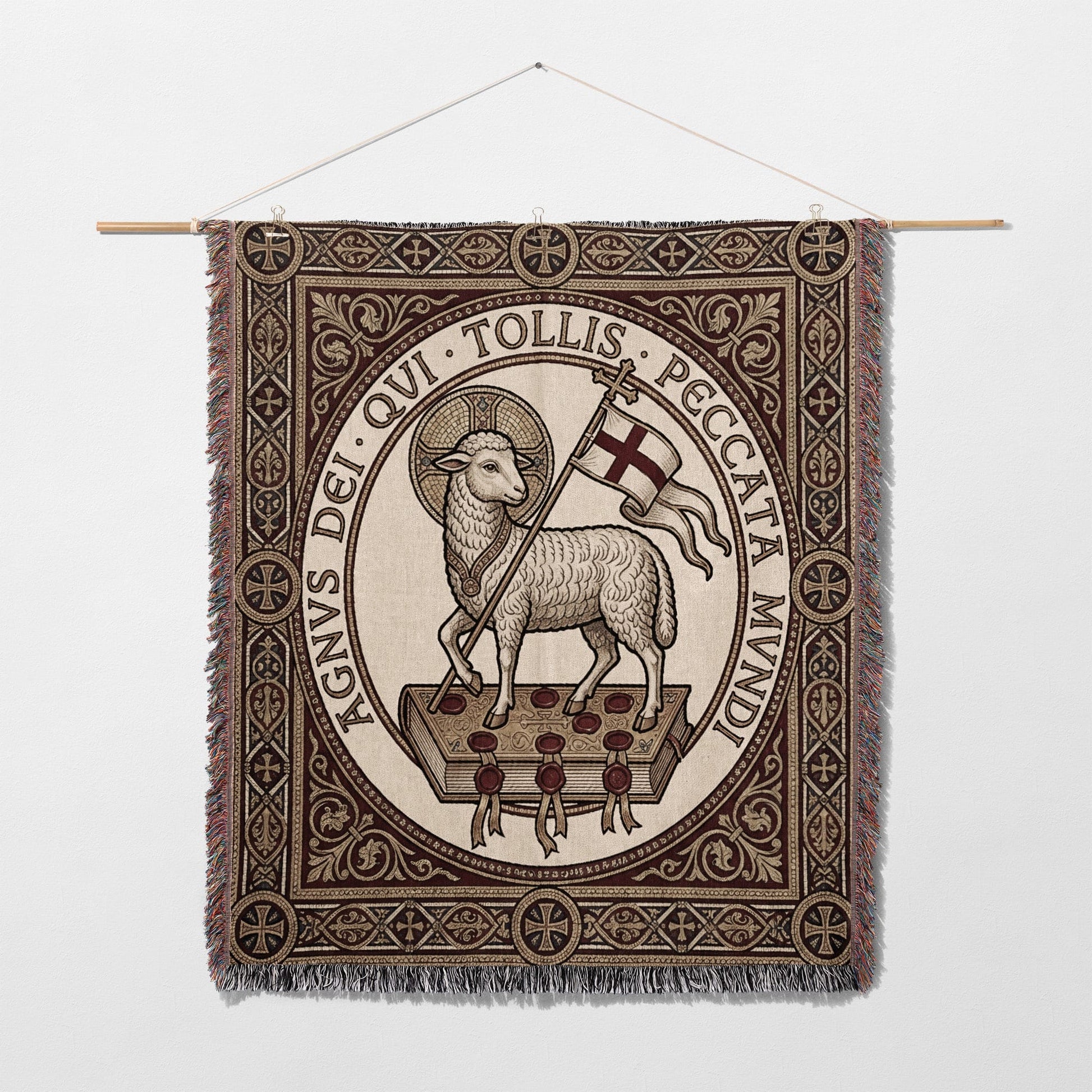 Lamb of God tapestry with Latin text and fringe detail.