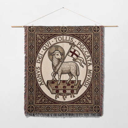 Lamb of God tapestry with Latin text and fringe detail.