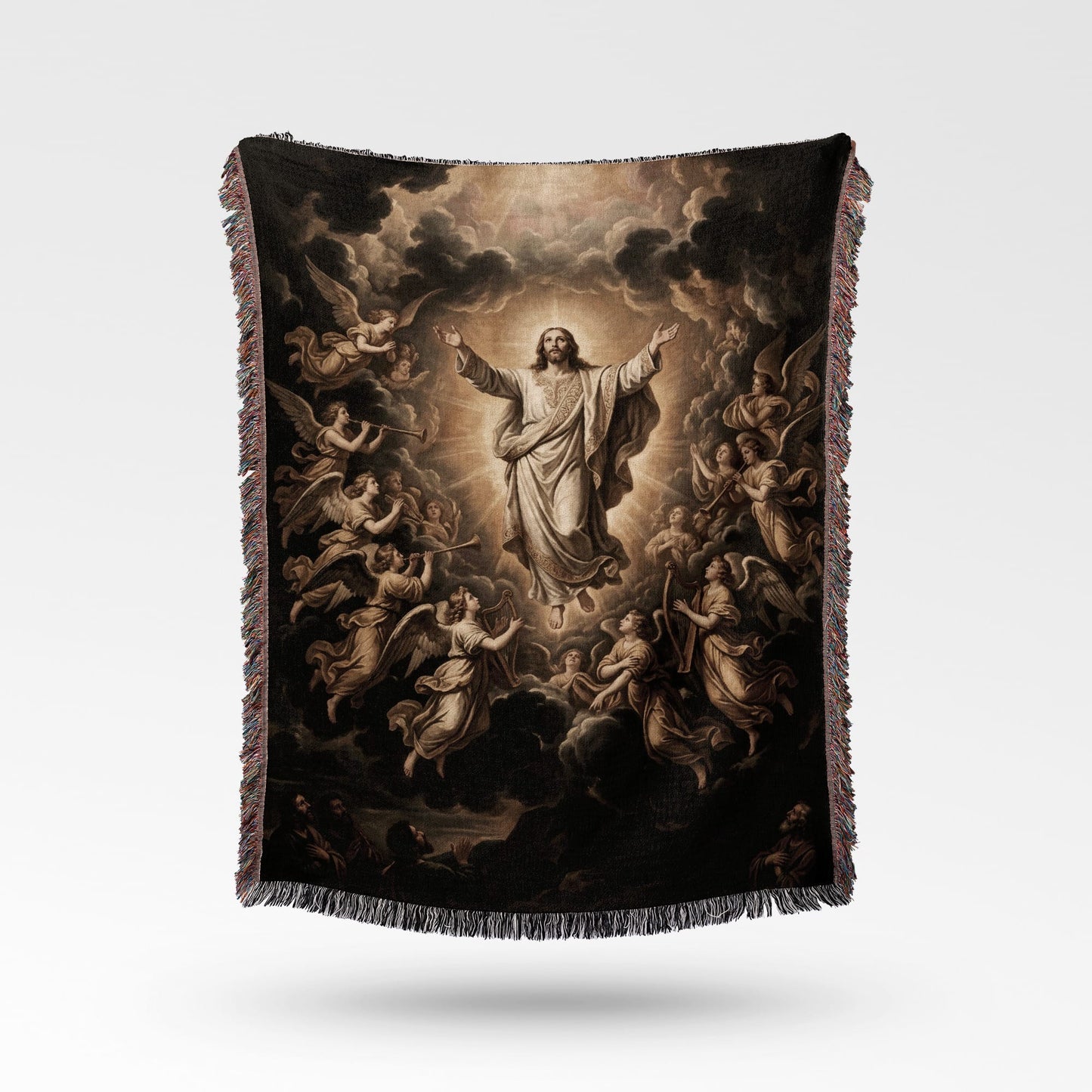 Jesus ascends to heaven surrounded by angels, depicted on a woven throw blanket.