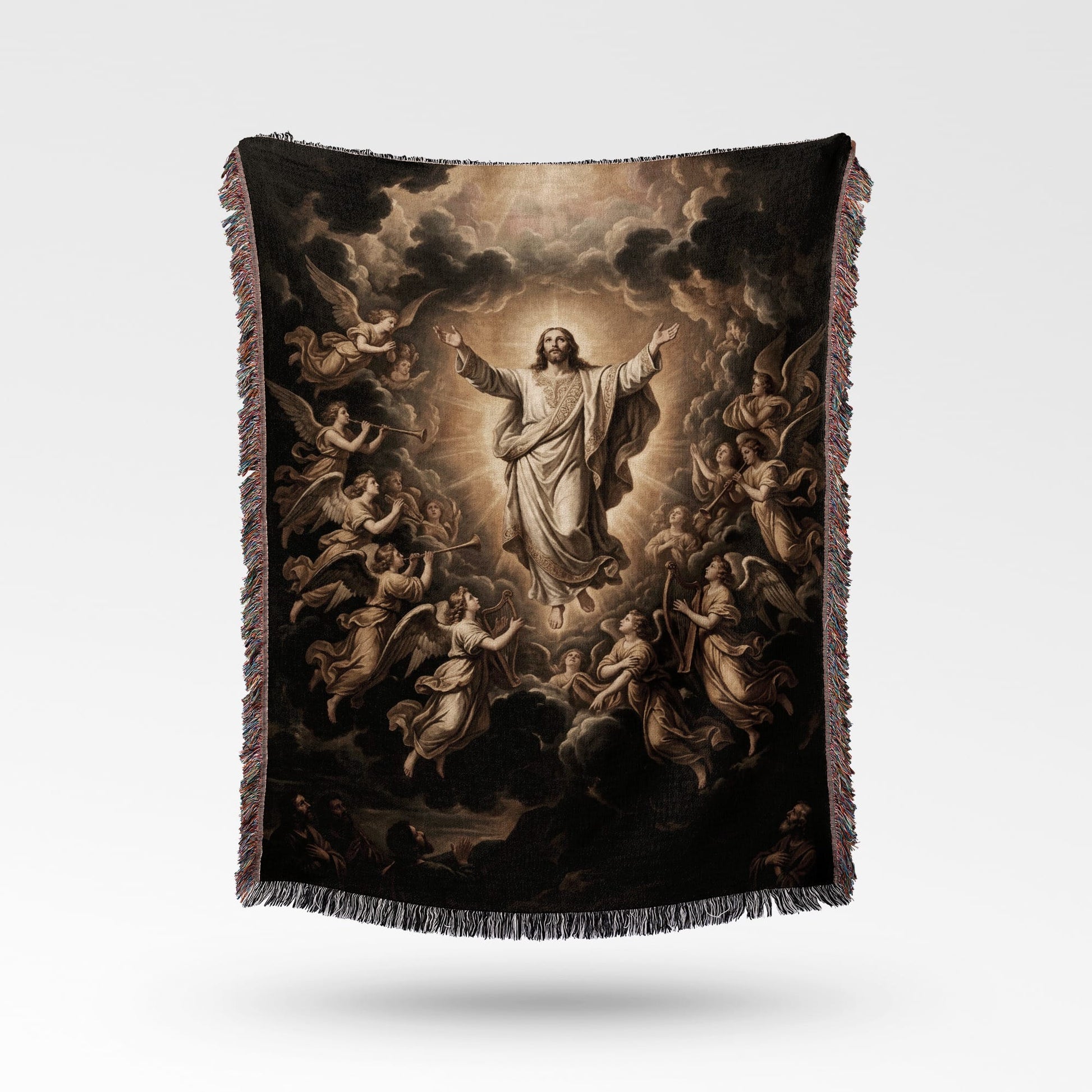 Jesus ascends to heaven surrounded by angels, depicted on a woven throw blanket.