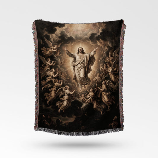 Jesus ascends to heaven surrounded by angels, depicted on a woven throw blanket.