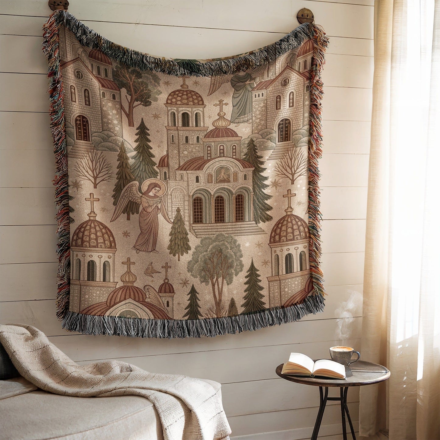 Scenic Tapestry with Church Architecture Design