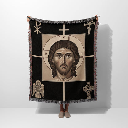 Jesus Christ tapestry blanket with religious symbols on black background.