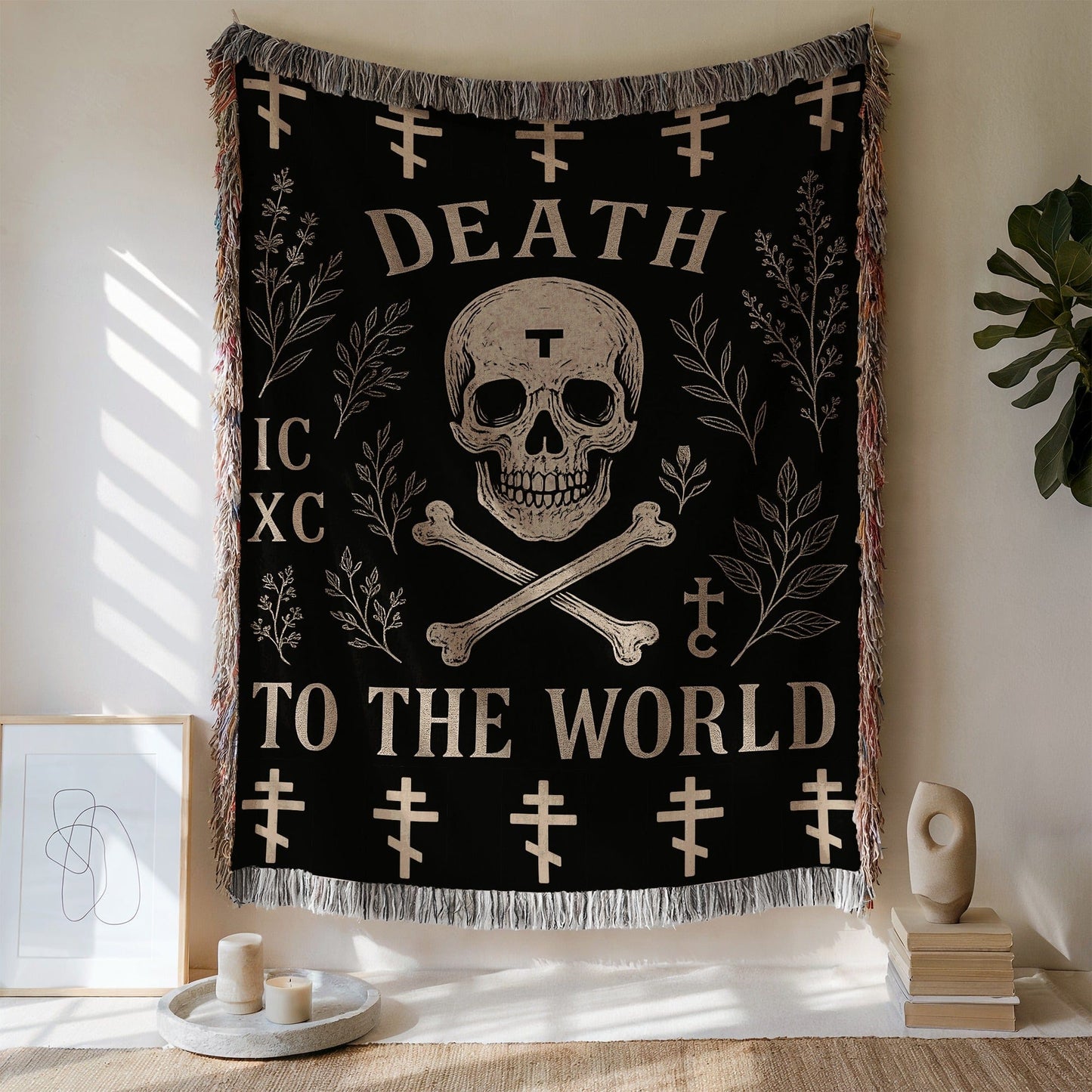 Death To The World Skull and Crossbones Tapestry