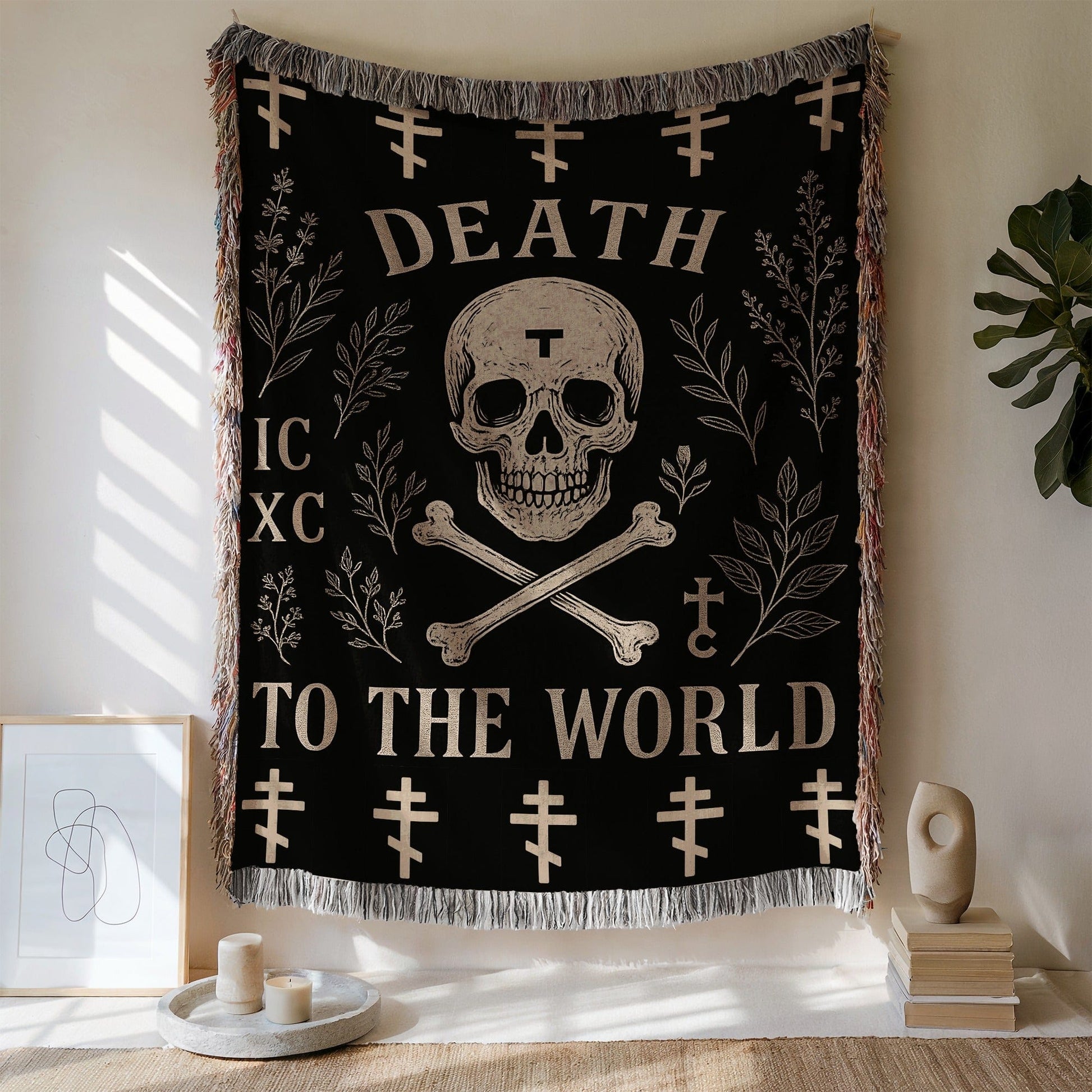 Death To The World Skull and Crossbones Tapestry
