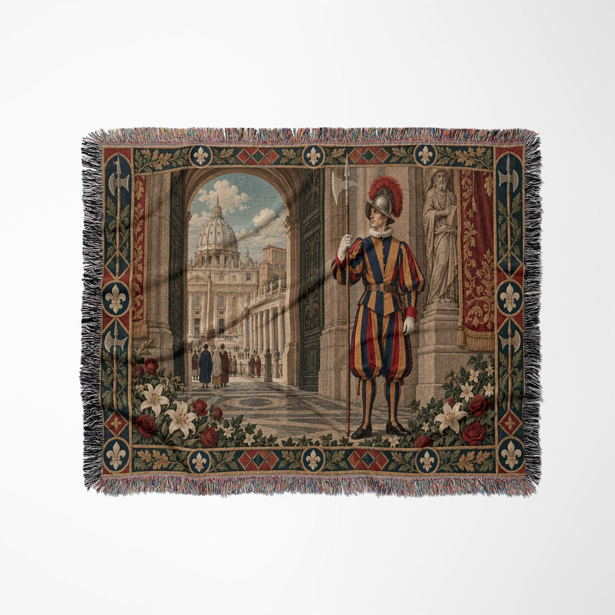 A woven blanket featuring a Swiss Guard standing before St. Peter's Basilica, framed by floral borders.
