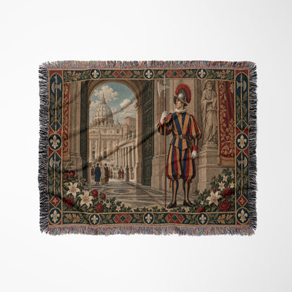 A woven blanket featuring a Swiss Guard standing before St. Peter's Basilica, framed by floral borders.