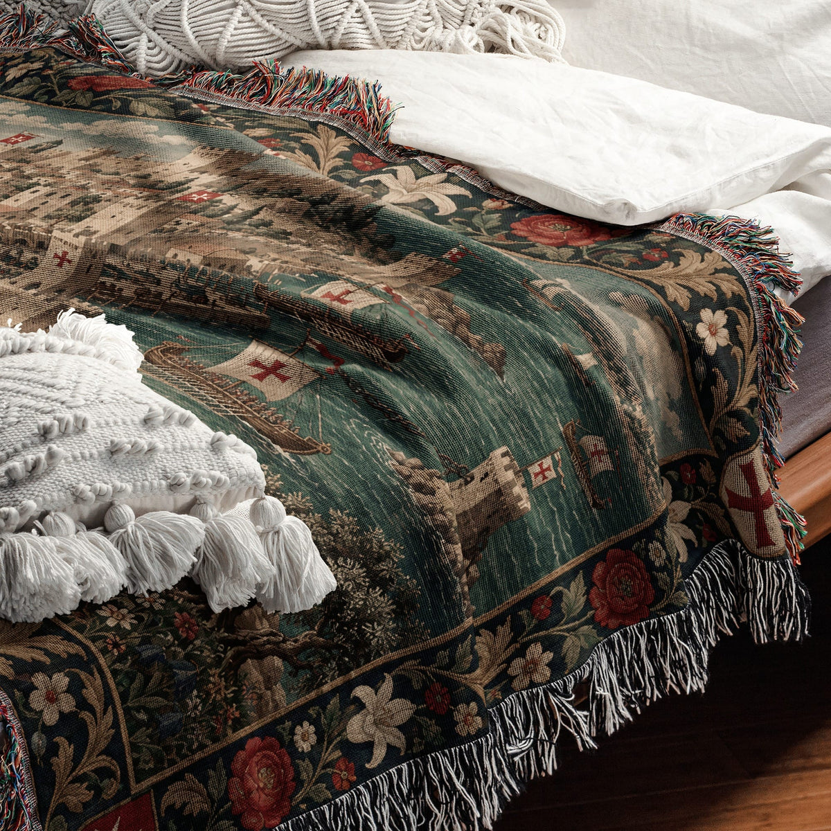 CalmNestStyle Harbor Fortress I Rose and Lily Border jacquard woven blanket