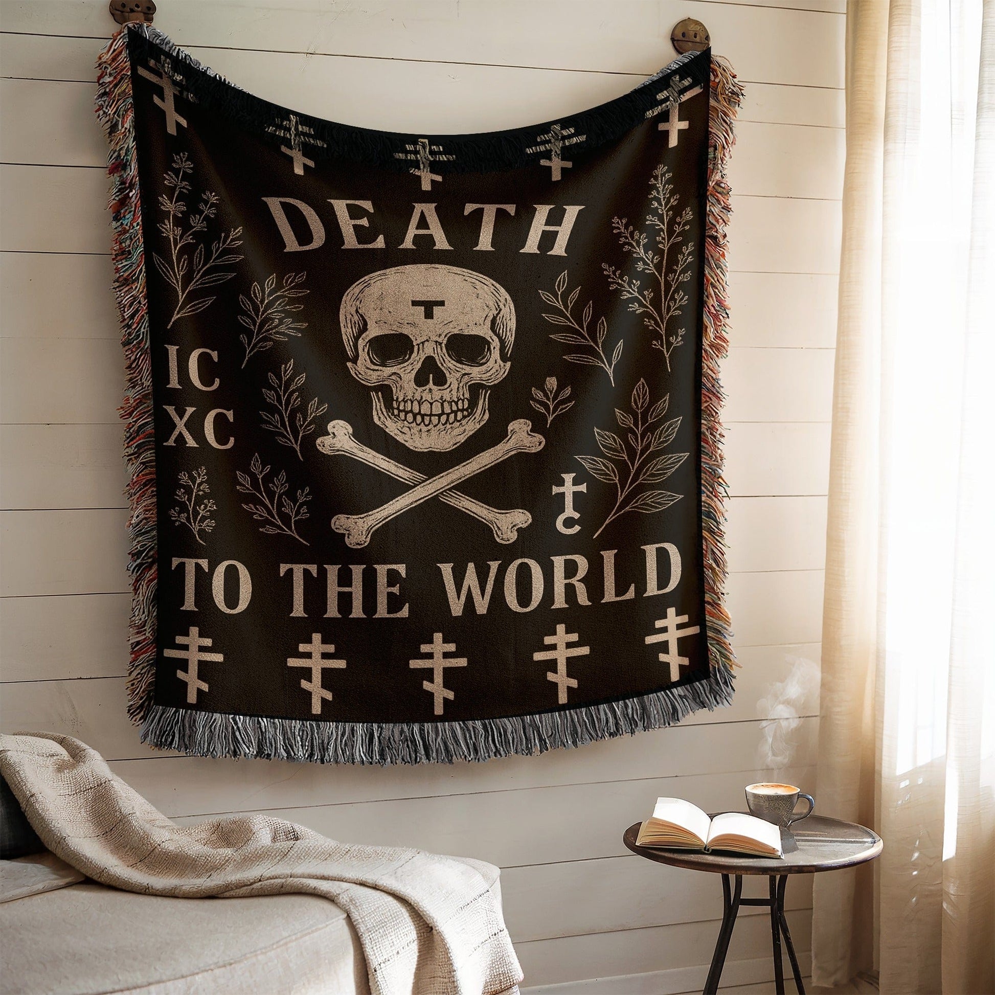 Death To The World Skull Crosses Blanket Wall Hanging