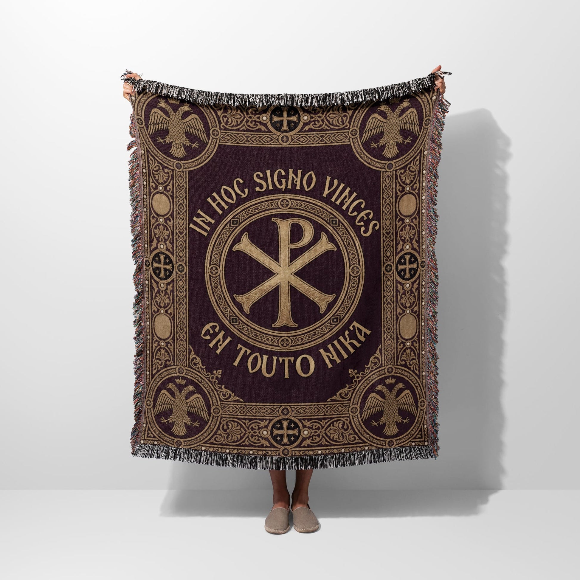 Tapestry blanket with Chi-Rho symbol and "IN HOC SIGNO VINCES" text.