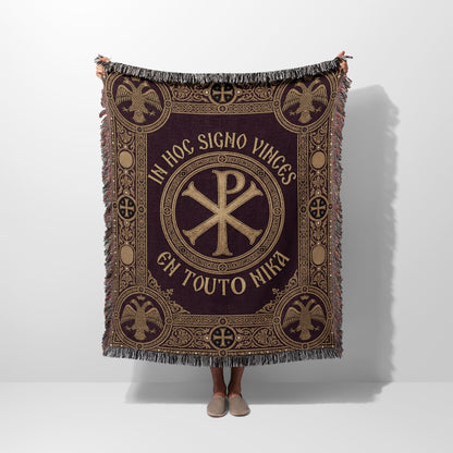 Tapestry blanket with Chi-Rho symbol and "IN HOC SIGNO VINCES" text.