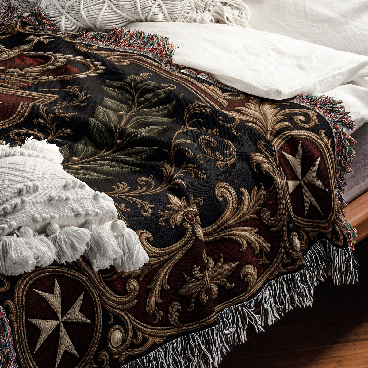 CalmNestStyle Order of Malta Crowned Crest Navy Laurel Woven Blanket jacquard woven blanket