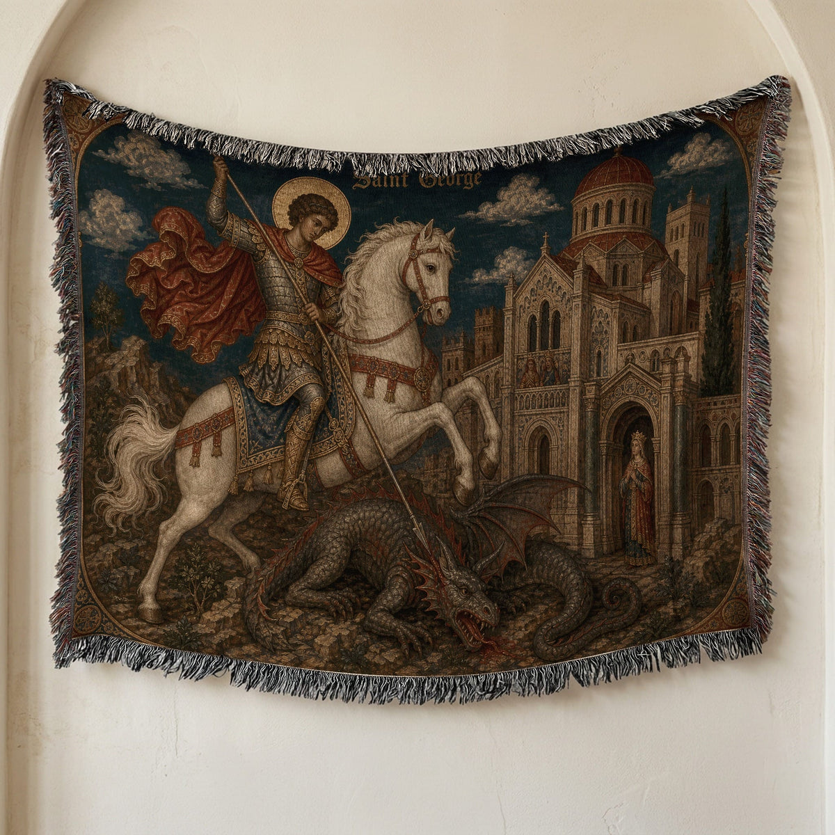CalmNestStyle Saint George Before the Church jacquard woven blanket